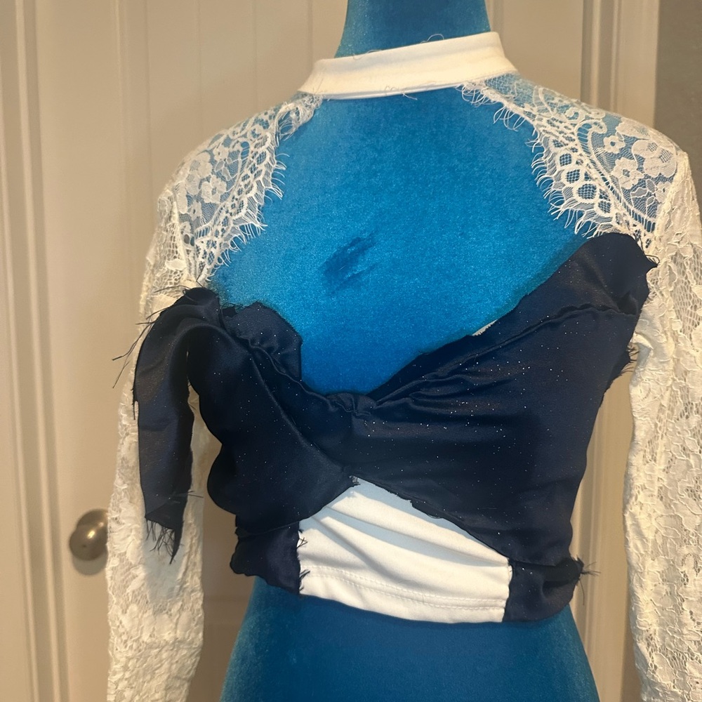 White Lace Long Sleeve Crop Top Costume Piece with Added Navy Front Panel